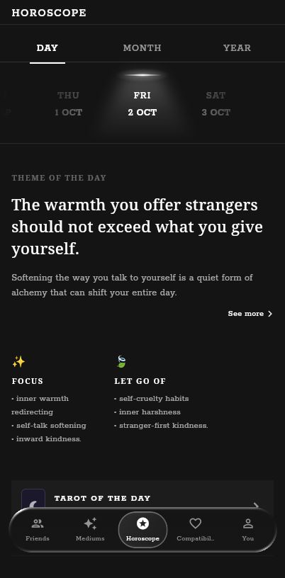 Actual Astraia app screen: daily horoscope, focus and let-go prompts.